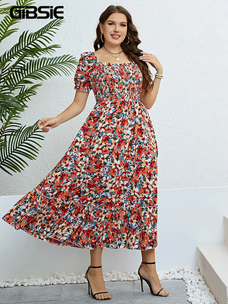 Gibsie Blumen druck Vierkant ausschnitt Puff ärmel Kleid Frauen plus Größe Urlaub Boho Strand Rüschen Saum A-Linie Sommer lange Kleider 2024