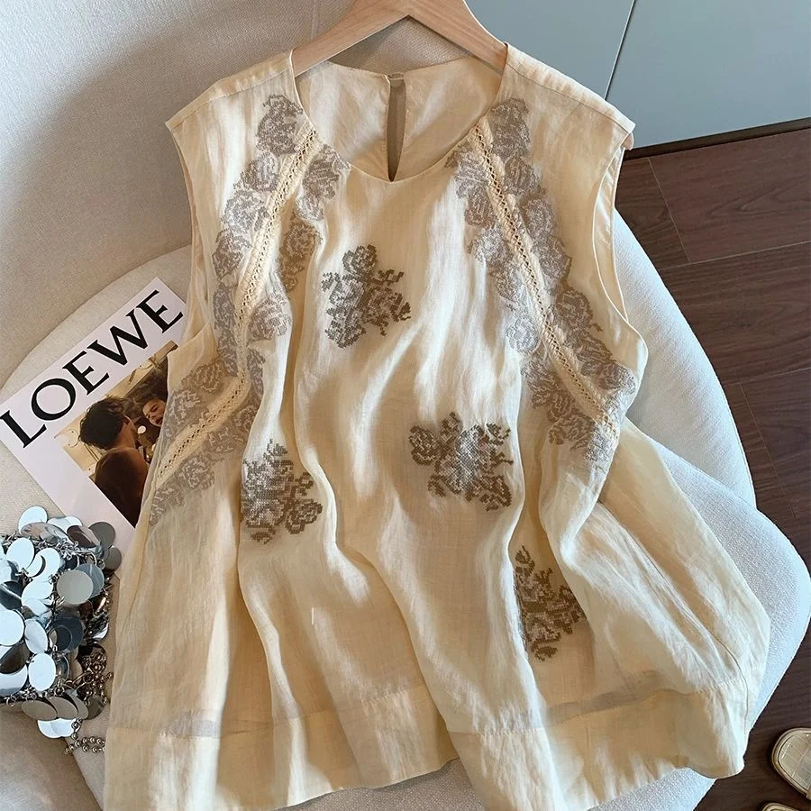 

Элегантная женская тонкая футболка без рукавов с круглым вырезом, базовая модель, для повседневной носки, с цветочным узором, удлиненная