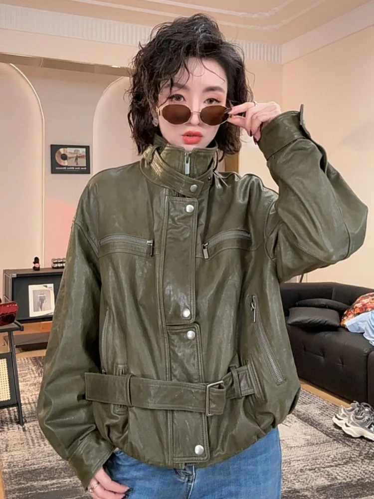 New Designer Women Loose Fit Stand Collar Moto Biker Autumn Outerwear Coat Real Sheepskin Genuine Leather Jacket Multi Pockets