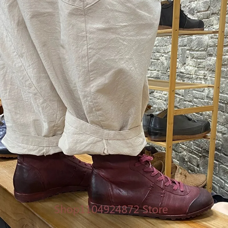 Handmade Boxing Boots Men's High Top Sports Shoes Male Genuine Leather Outdoor Lace Up Flat Comfortable Cowhide Oxford Boots