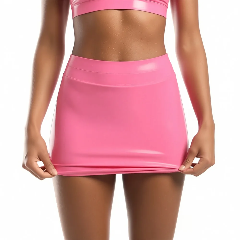 Pink Latex Bodycon Skirt Handmade High-Waisted Mini Rubber Skirt Sexy Club Costume Wear