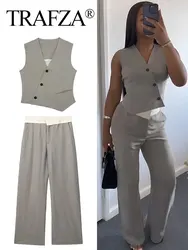 TRAFZA Spring Female Trouser Set Solid Asymmetric Sleeveless Vest Top + Casual High Waist Loose Woman Wide Leg Long Pant Street