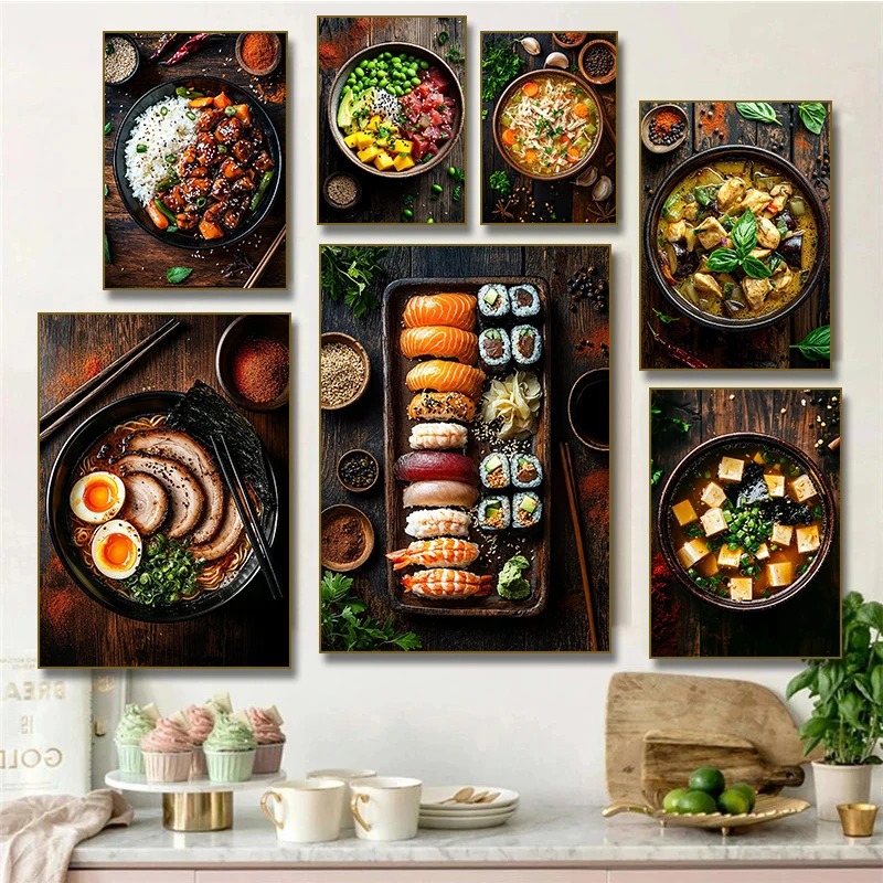 Cuadro en Lienzo con Diseño de Comida Asiática: Plato de Sushi, Poke Bowl de Atún, Ramen, Pollo Teriyaki y Arroz, Decoración para Cocina o Restaurante