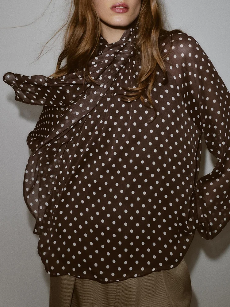 European style new women's fashionable and versatile long-sleeved shirt with bow tie and polka dots.