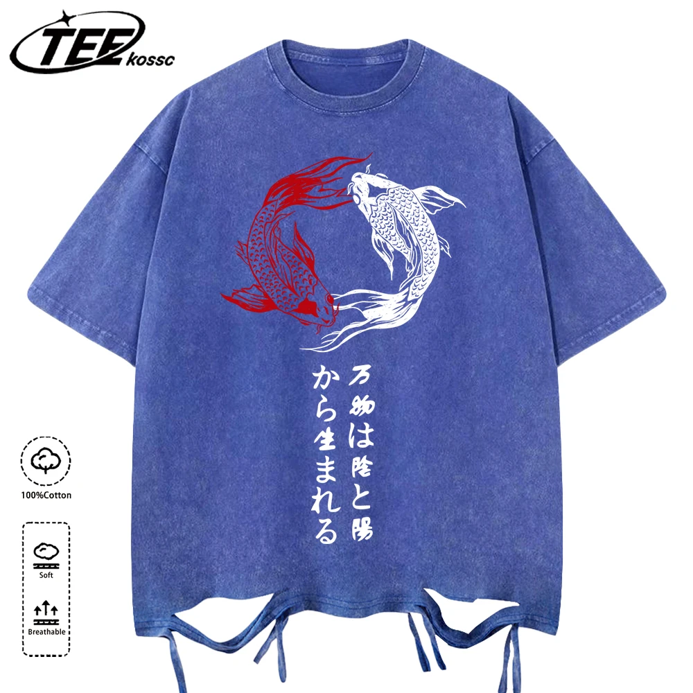 Japanisches Harajuku Koi-Kunst-Buchstaben-T-Shirt für Herren, Sommer, O-Ausschnitt, weiche Baumwolle, Kurzarm, lässig, locker, neues T-Shirt