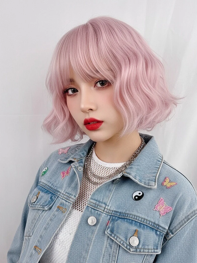 

Pink Wavy Short Women Synthetic Wig Lolita Cosplay Fluffy Heat Resistant Wig with Bangs for Daily Party