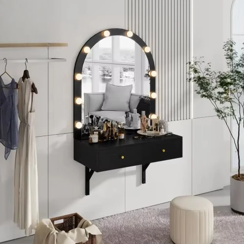 Modern floating floor installation solid wood makeup dressing table LED mirror 3-color light power outlet USB charging
