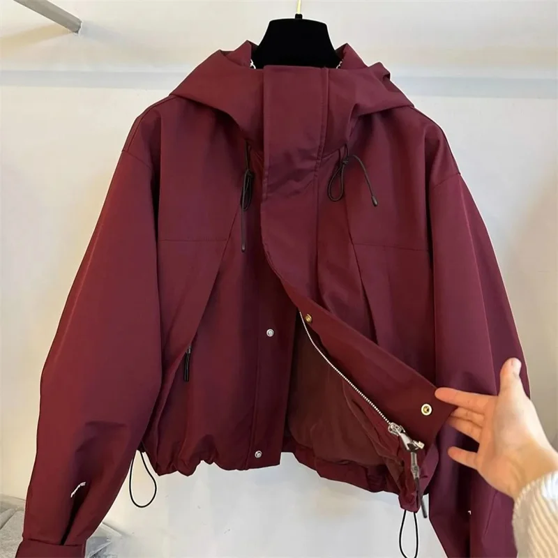 

New Korean Fashion Hooded Short Windbreaker Jacket Women's Spring Autumn Casual Zipper Hem Drawstring Loose Top Woman Outerwear