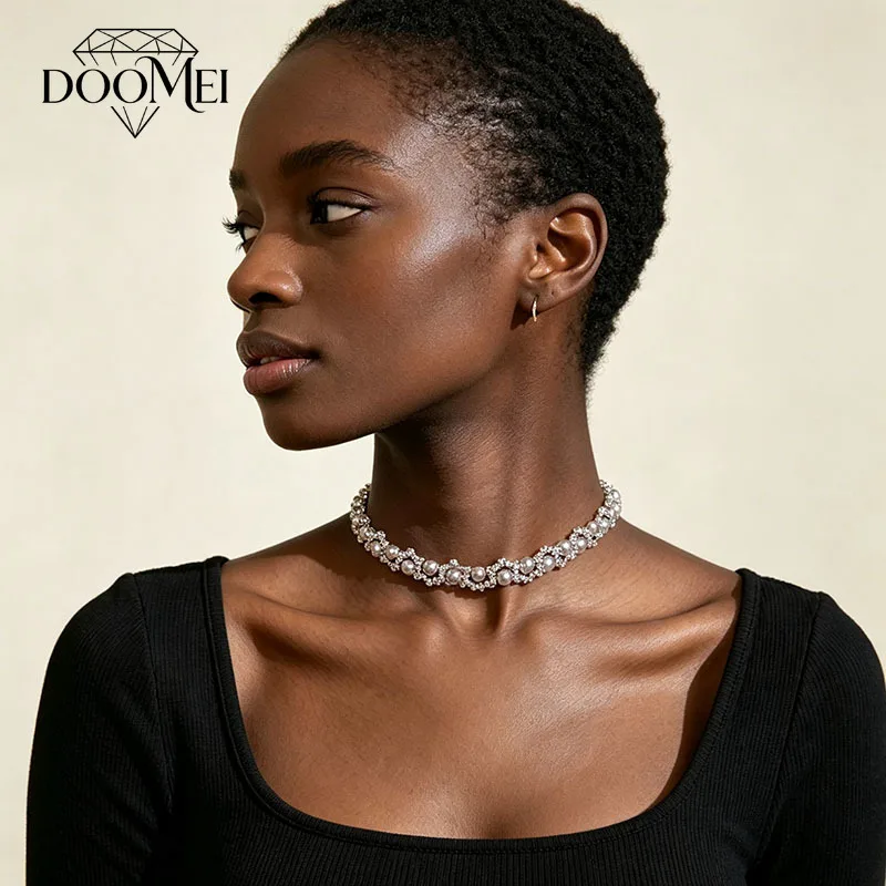 DOO MEI  Luxury Pink Pearl Choker Necklace for Women Shiny Inlaid Zircon Chain Necklaces Ladies Fashion Party Banquet Jewelry