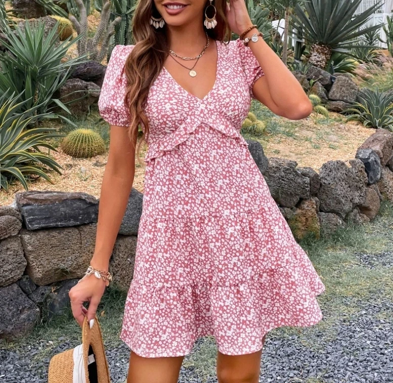 

Woman Dresses Sexy New Bubble Sleeve V-Neck Floral French Dress for Women Wear 2025 Summer Women's Fashion Sweet A-Line Dresses