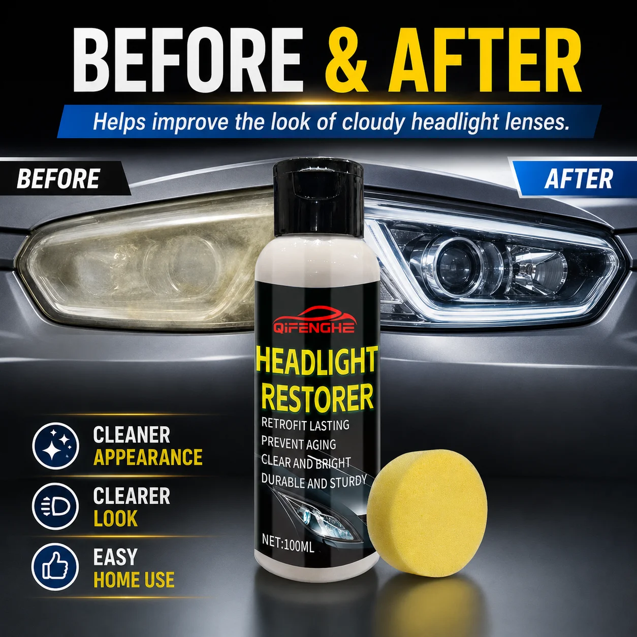 QIFENGHE 100ml Car Headlight Restorer Emulsion, Eliminates Oxidation Yellowing, Restores Clarity & Prevents Aging with Free Spon