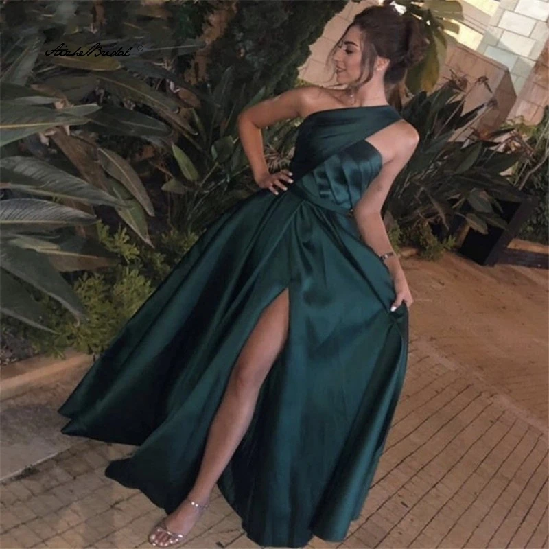 

Women's Formal Dress One Shoulder Sleeveless A-Line Floor Length Satin Pleated Long Prom Dresses vestidos de fiesta de noche