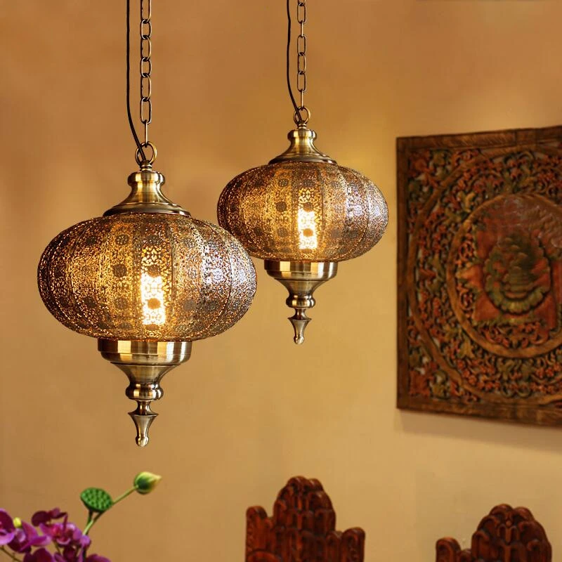 

Morocco Brass Lantern Ceiling Hanging Lamp Southeast Asian Retro Pendant Light Restaurant Bar Hotel Living Room Light Fixture