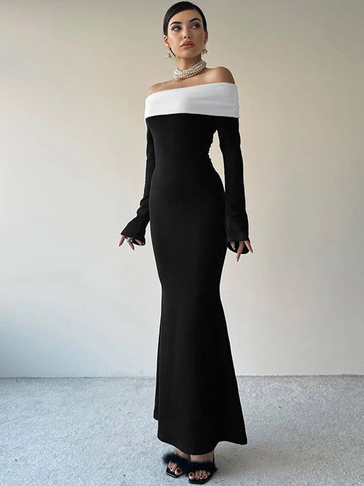 Dulzura Czarna sukienka maxi z długim rękawem na ramiączkach dla kobiet Bodycon Seksowny strój Elegancka długa sukienka Urodzinowe ubrania wieczorowe 2024