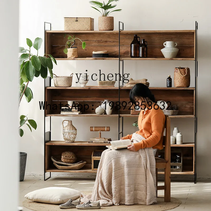 x1Old Pine Wood Three-Drawer Wall-Mounted Homestay Wabi-Sabi Style Display Cabinet Iron Frame Solid Wood Display Cabinet