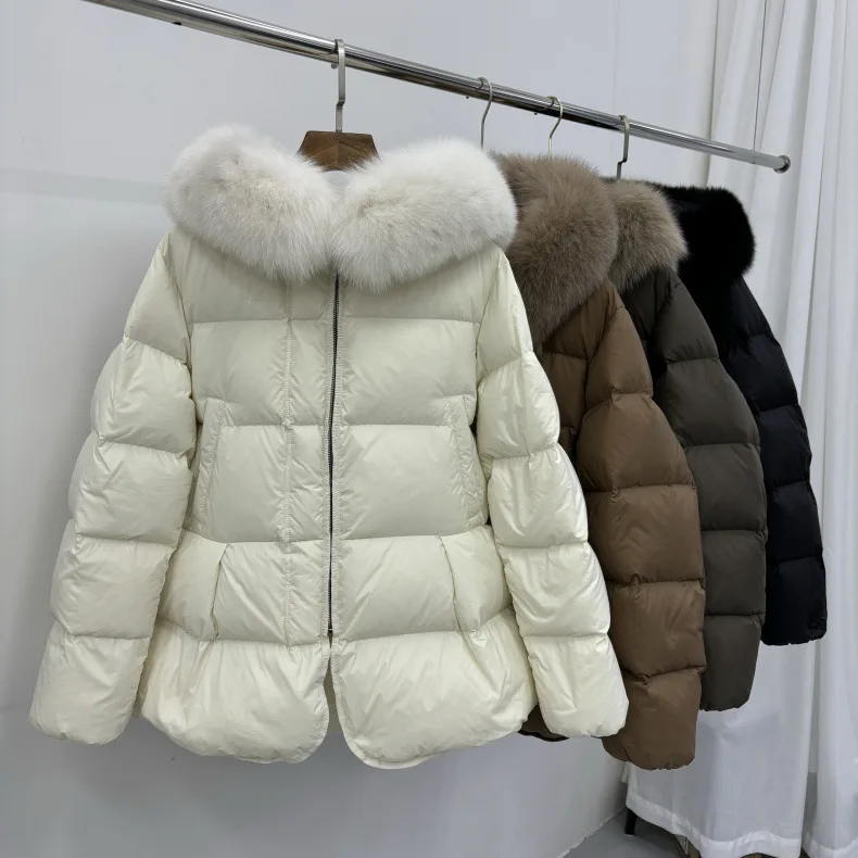 Schinteon Women 100% Real Fox Fur Collar White Duck Down Jacket with Hood Autumn Winter Warm Casual A-lined Warm Outwear Cape