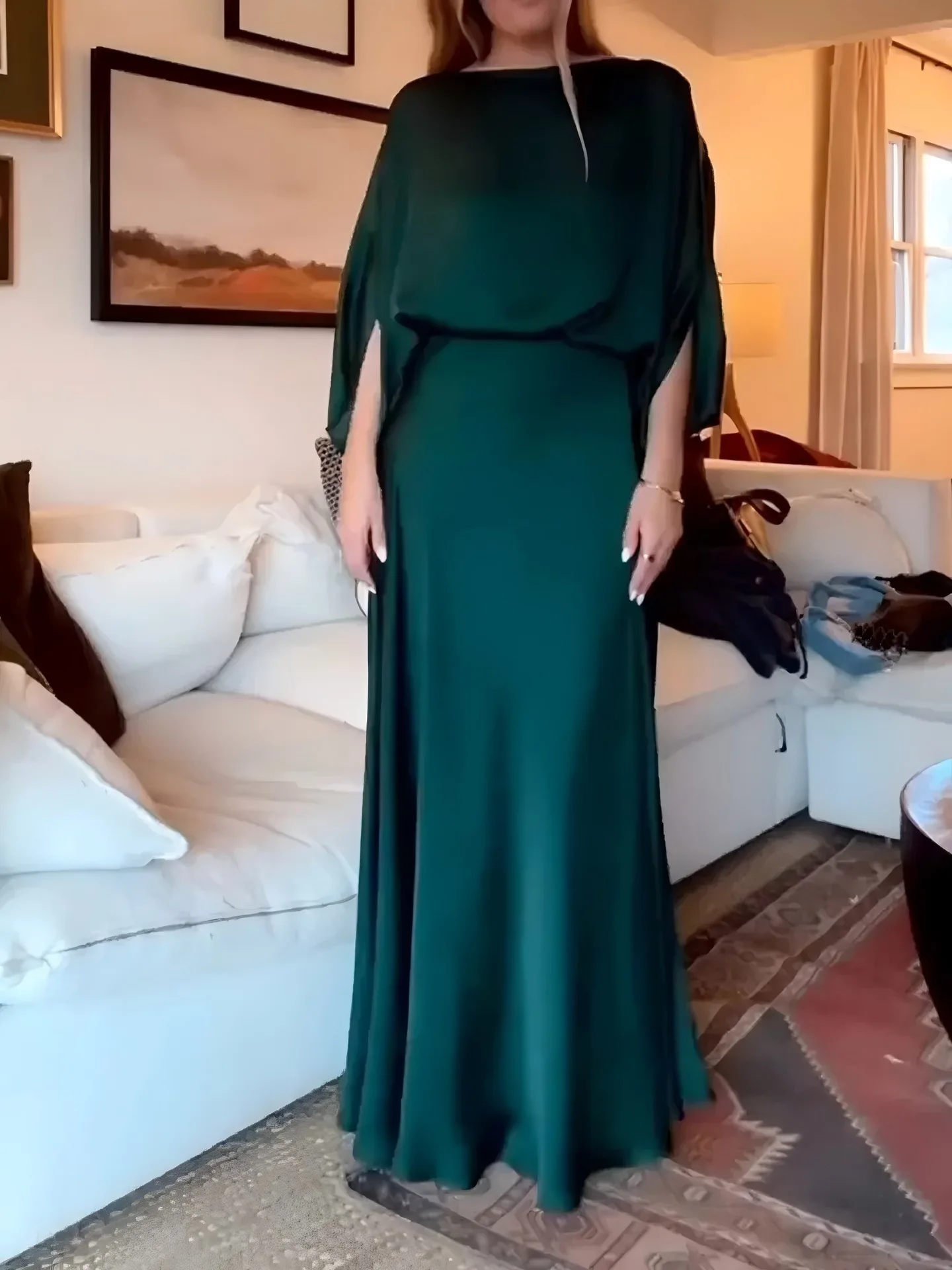 Damen Modisches Atmosphärisches Kleid Frühling Sommer Neuer Stil Rundhals Sieben-Ein-Acht-Ärmel Elegantes Sexy Einfarbiges Seiden-Langkleid – Detail 5