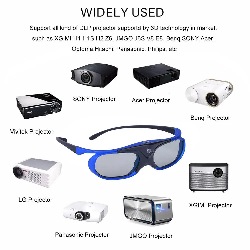 Universal DLP-Link 3D Glasses USB Rechargeable Active Shutter Eyewear for Xgimi Optoma LG Acer Jmgo BenQ DLP LINK Projectors