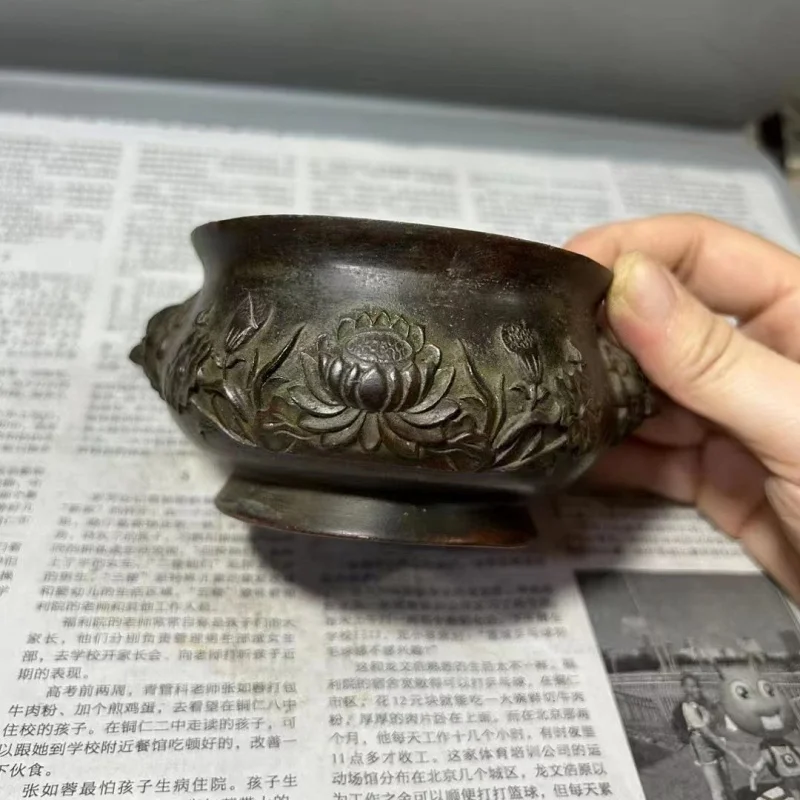 Антикварная курильница в виде лотоса, медная маленькая курильница, медная курильница, медная курильница Chongtian Ear, медная курильница, медная три-