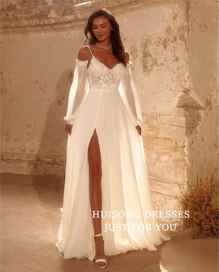 HUISONG Suknie ślubne w stylu boho z szyfonu, z koronkowymi aplikacjami, długie rękawy, dekolt w serce, fason A-line, sukienka dla panny młodej na plażę, szyta na miarę.