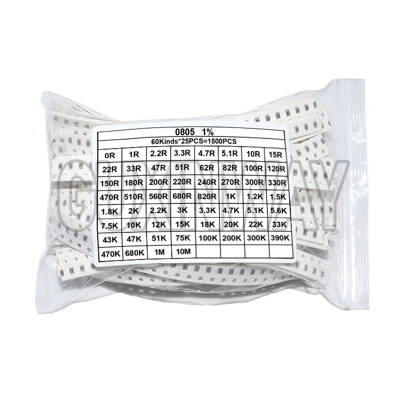SMD 0603 0805 1500 unids/set resistencias juego surtido (60 valores X 25 uds) 0R-10M Ohm 1% Kit de resistencia de chip de película de alta precisión