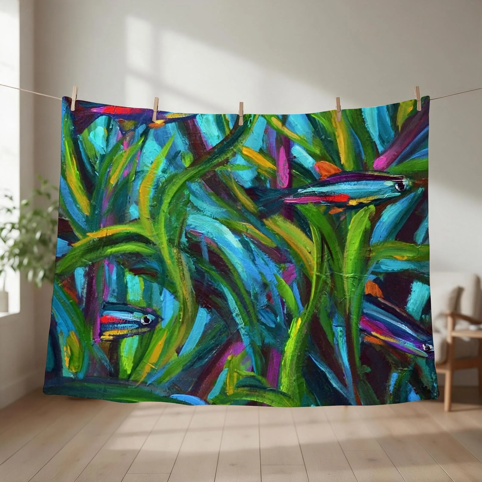 New Neon Tetra Fish Art by Robert Phelps Throw Blanket couch cozy soft plush fuzzy picnic outdoor blanket