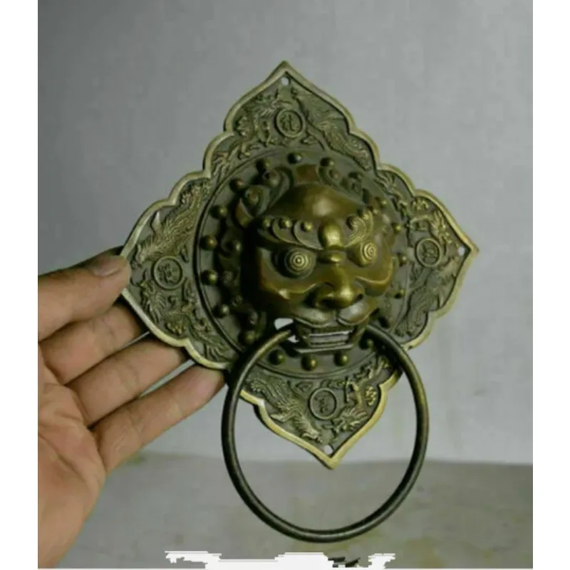 16CM Folk Old Chinese Bronze Feng Shui Foo Dog lion Head Ring Door knocker