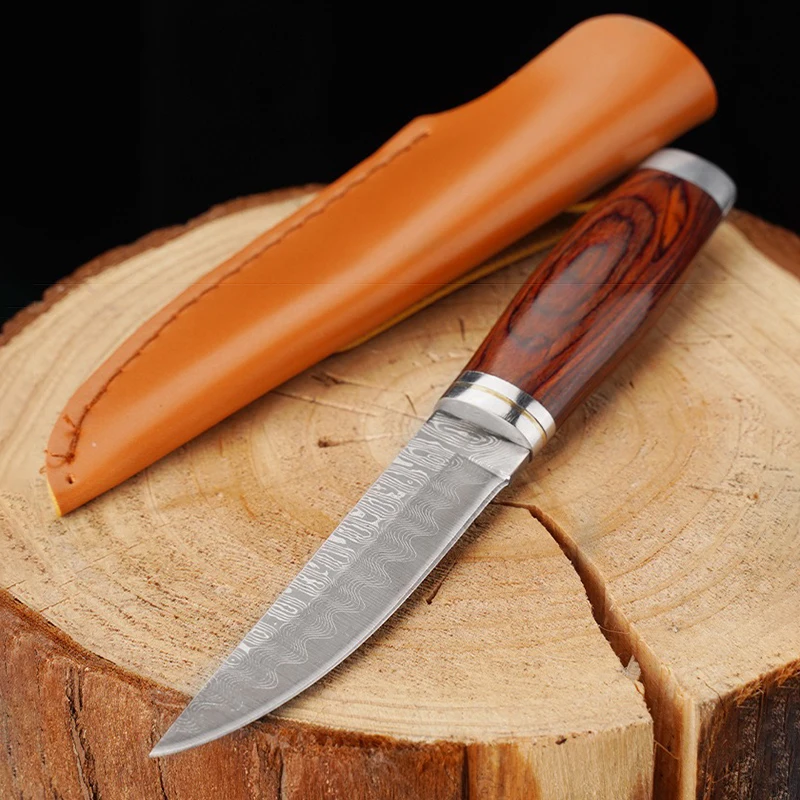 Wooden Handle Forged Damascus Pattern Pocket Knife Outdoor Barbecue Meat Cleaver Knife Portable Camping Tool Straight Knife