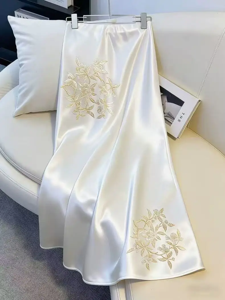 

RAIN YAN LIN Summer New Fashion Chinese Style Print Satin Elegant Skirt Women's High Waist Slim A-Line Long Dress Beautiful
