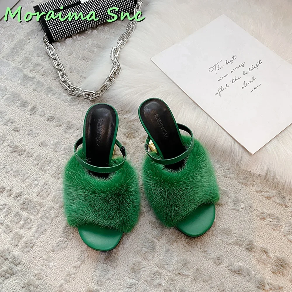 Hairy Fur Strange Heel Slippers Wedge Open Toe Women Shoes Slides Summer Outdoor Pink Solid Sexy Elegant Banquet Fashion Newest