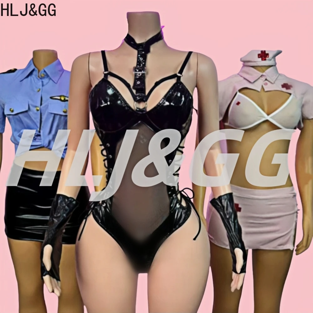 

HLJ&GG Sexy See Though Bodycon Cosplay Party Costume Hot Bodysuits Women Hollow Lace Up Uniform Halloween Costumes Clubwear 2025