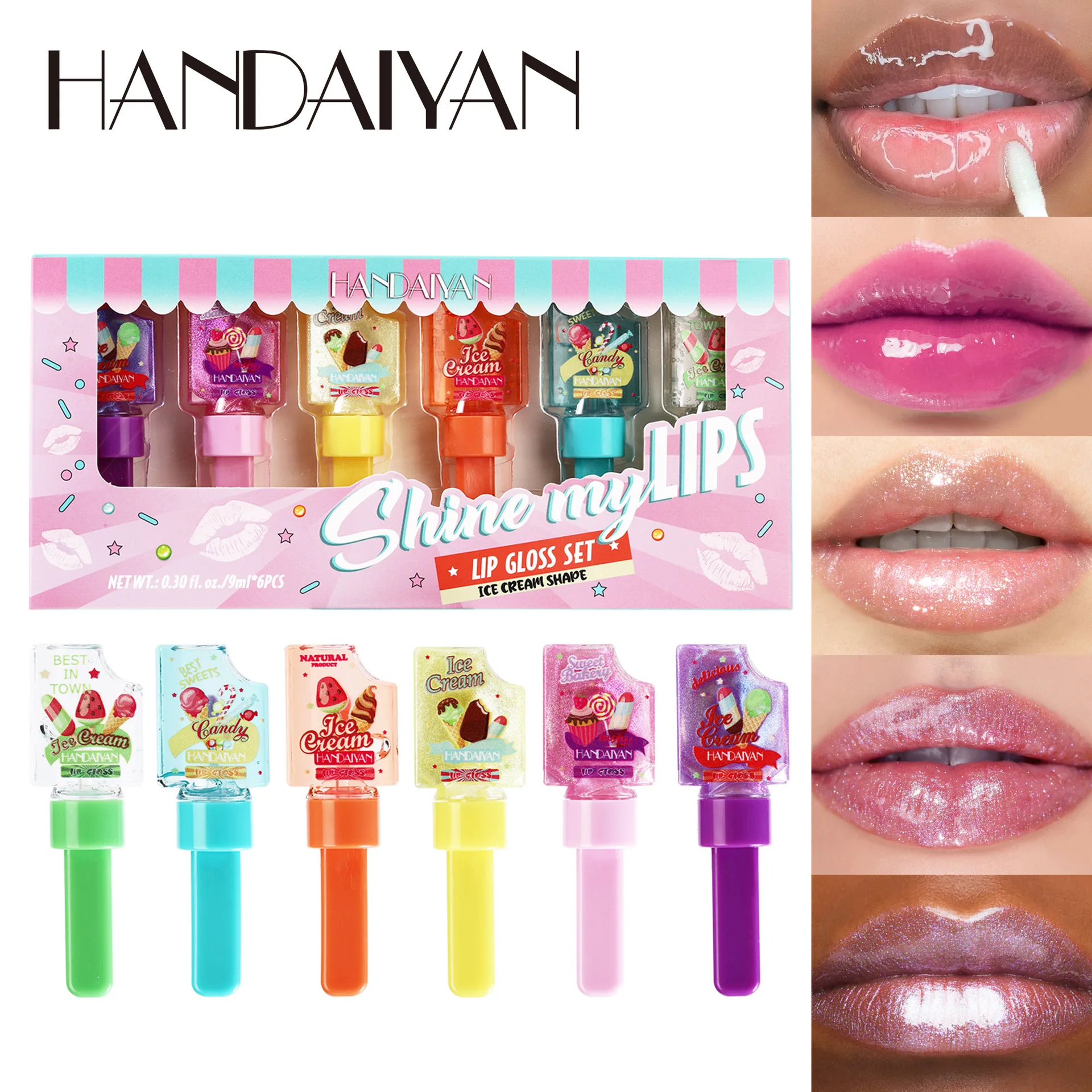 HANDAIYAN 6pcs/set Pearl Lip Gloss Glass Moisturizing Lip Oil Clear Mirror Toot Jelly Color Changing Lip Gloss