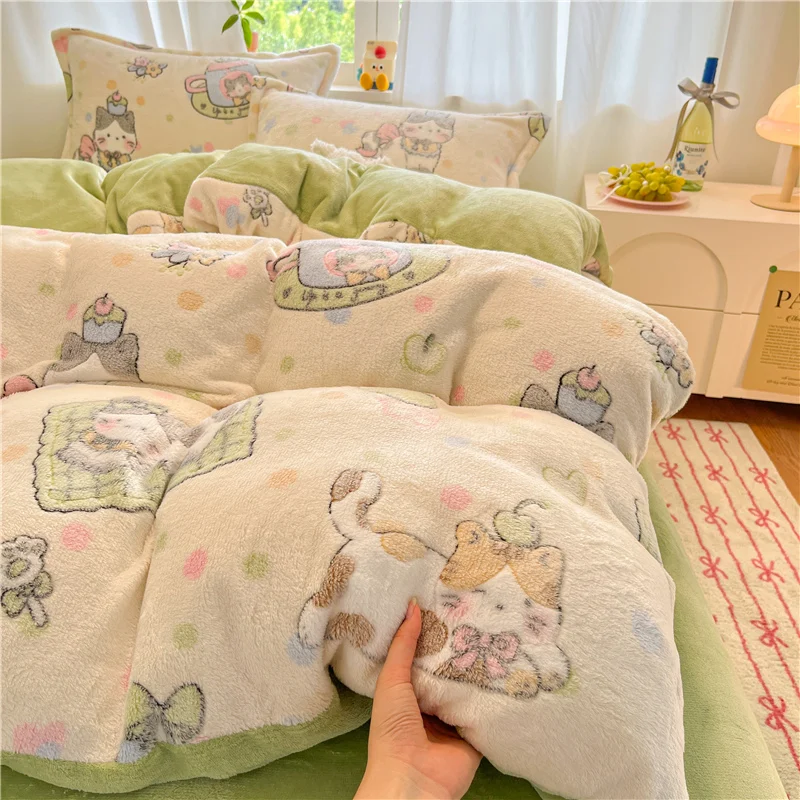 1pc Korallen Fleece Bettbezug Katze Gedruckt Dicke Warme housse de couette für Winter Cartoon Stil Einzel/Königin/König dekbedovertrek