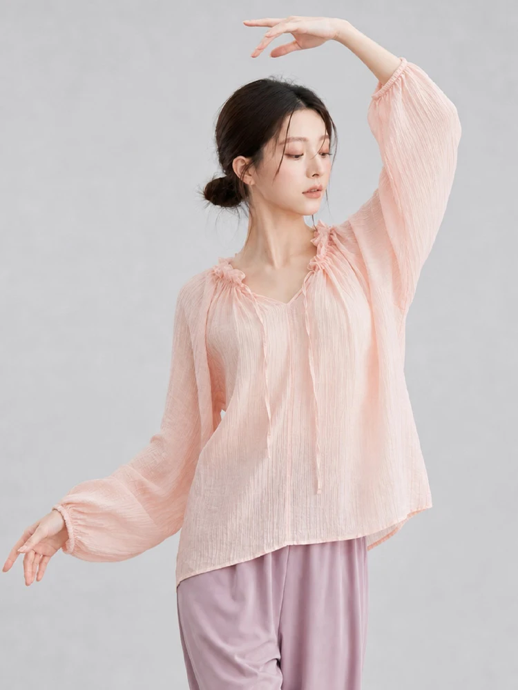 Women Dance Top Long Lantern Sleeve Ruffle Tie V Neck Loose Blouse Modern Dance Practice Training Costume Classical Dance Shirt