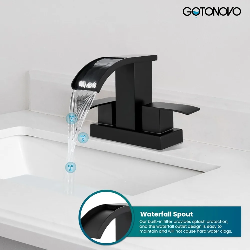Waterfall Bathroom Sink Faucet 2 Handle Basin Modern Mixer Tap Matte Black with Pop Up Drain