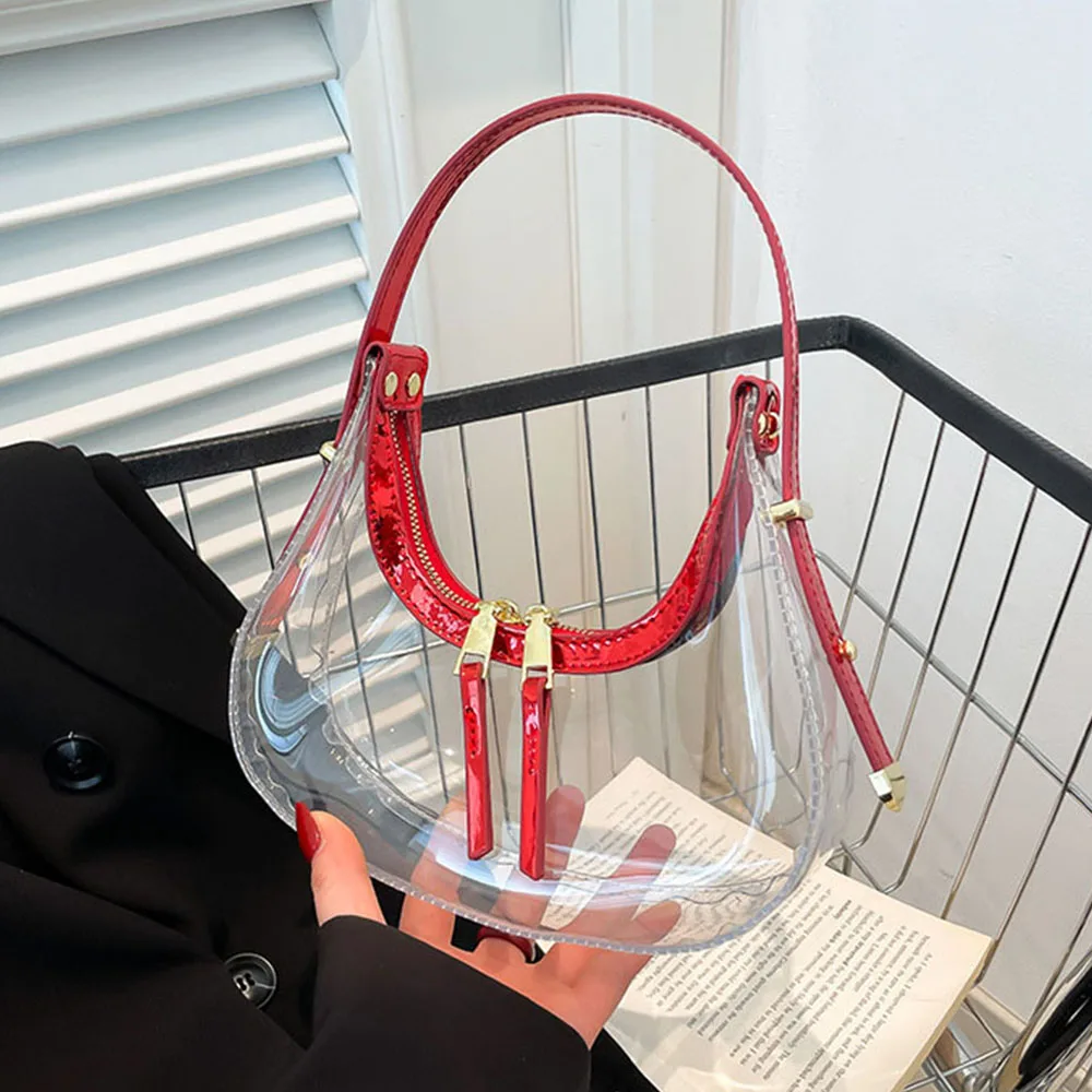 

Women's Pvc Handbag Patch Pu Transparent Half Moon Handle Bag Female Summer Fashion Beach Pack Large Capacity Jelly Shoulder Bag
