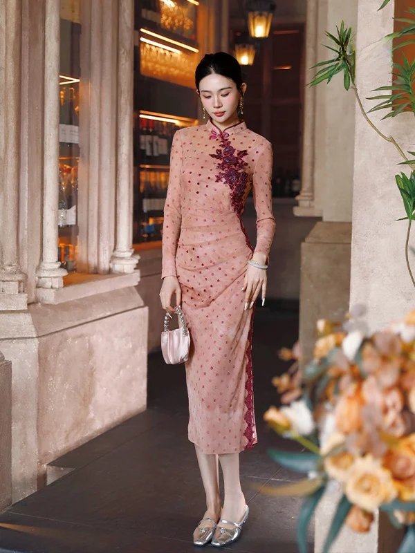 

Ele Polka Dot Velvet Dr New Chinese Sle Slimming Long Sve Full Length Daily Wear Polyester Blend Skirt ...