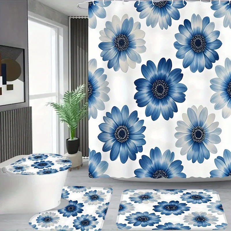 

4pc Blue floral pattern bathroom decoration, polyester fabric, shower curtain, toilet mat, non-slip mat, U-shaped mat