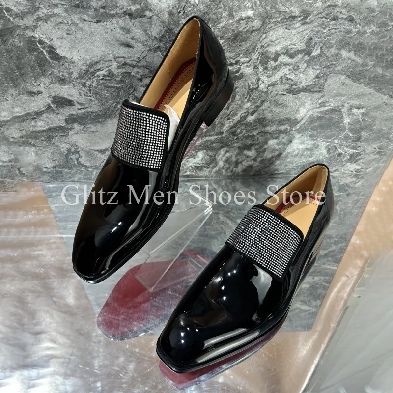 New Rhinestone Black Leather Shoes Glossy Small Square Toe Loafers Business Dress Men\'s Leather Shoes Formal Wedding Shoes