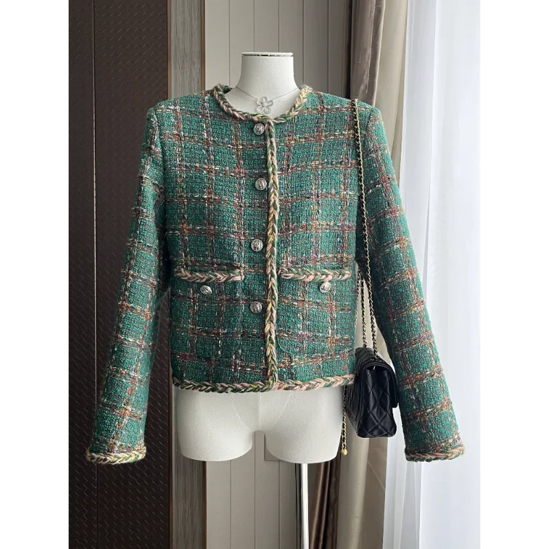 Small Fragrant Green Plaid Tweed Jacket Autumn Winter 2023 New O Neck Long Sleeve Casual Elegant Simple Women Short Coat 1770