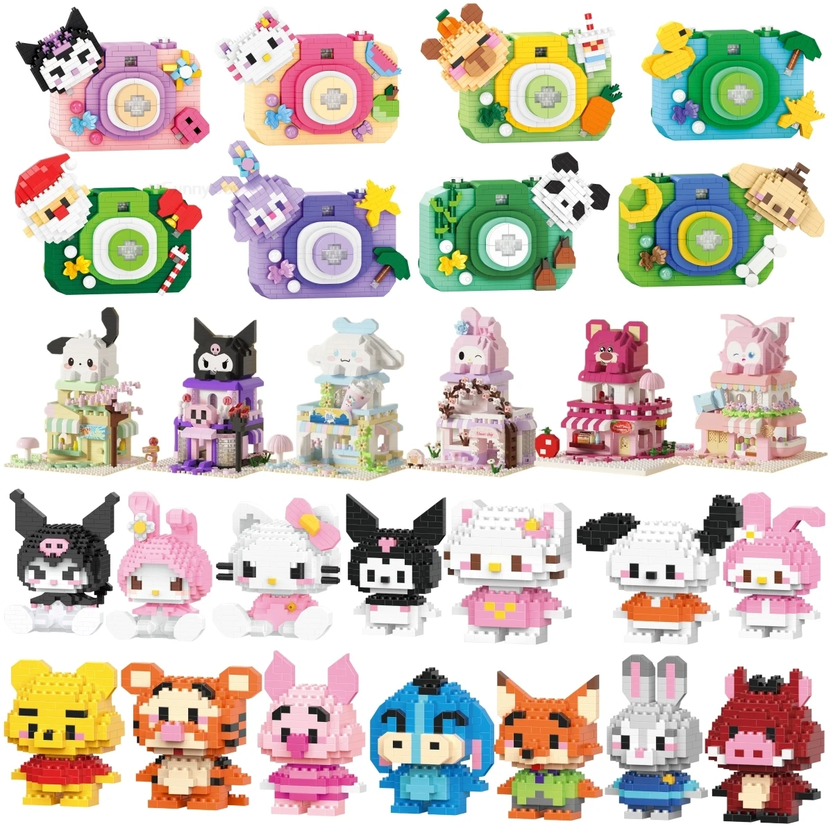 Funny Joy Cartoon Anime Hello Kitty Camera Blocks Kuromi My Melody Cinnamoroll Mouse Building Blocks Doll Toy Kids Birthday Gift