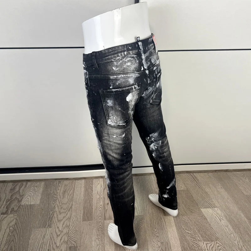 High Street Fashion Men Jeans Retro Black Gray Stretch Skinny Fit Ripped Jeans Men Painted Designer Hip Hop Brand Pants Hombre