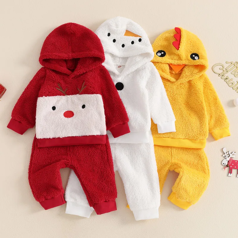 6 Months to 4 Years Cartoon Baby Girl Boy Pant Sets Autumn Winter Clothes Long Sleeve Fleece Chick Hoodie and Trousers