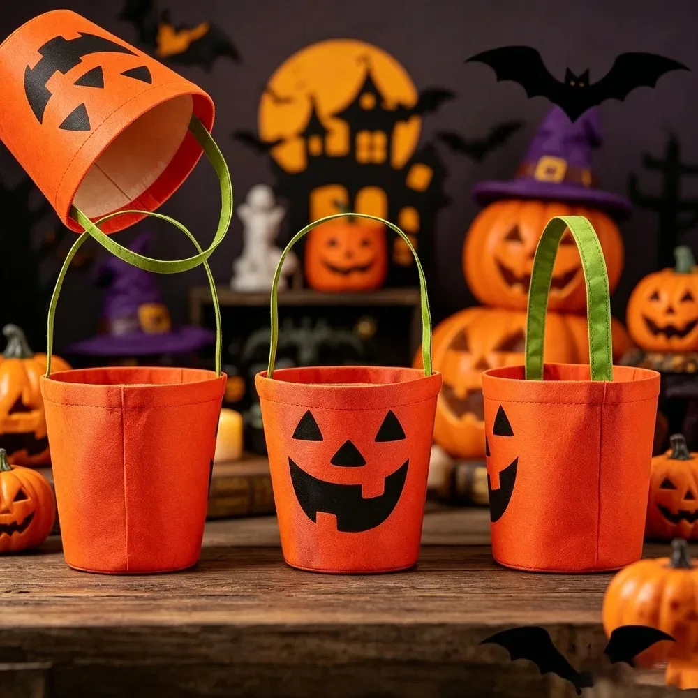 Halloween Pumpkin Candy Basket with Green Handle, Orange Felt Trick or Treat Bucket for Party Favors and Home Decor