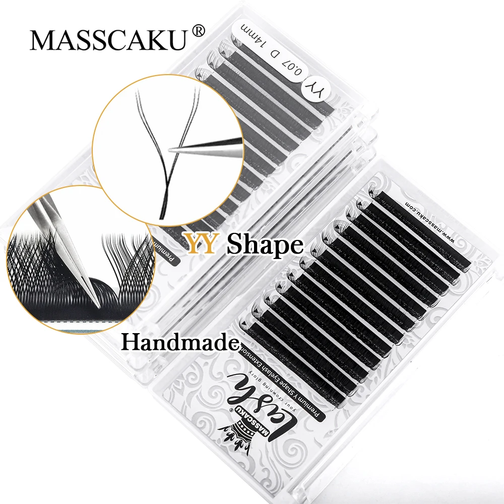 

Wholesale Matte Black YY Shaped Eyelash Extension C D Curl Hand Woven Premium PBT Fiber Lashes Double Split Tip Lash Makeup Tool