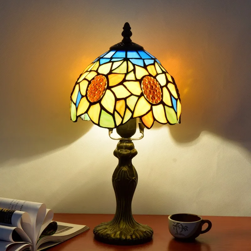 Vintage Table Lamp, Sunflower Stained Glass Lamp, 8 Inch Desk Lamps for Bedroom Living Room Home Office, Handcrafted Light