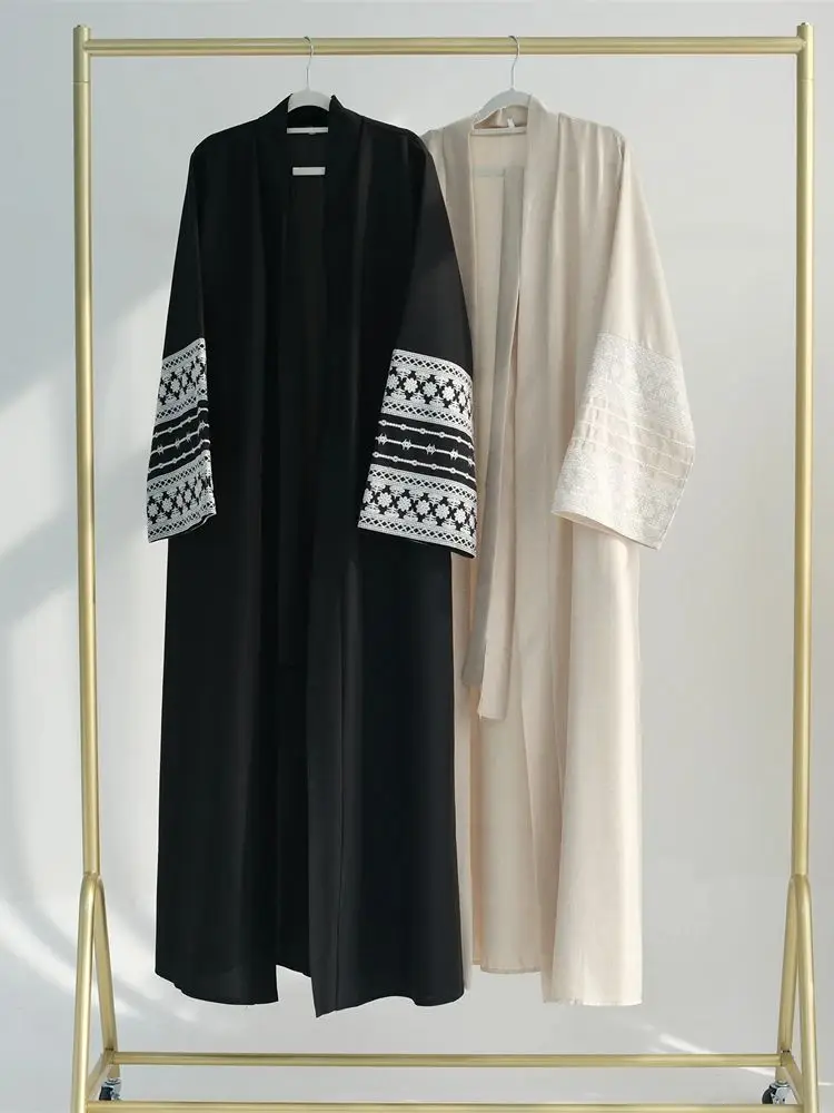 Fashion Embroidery Kimono Robe Femme Musulmane Syari Female Luxury Muslim Modest Open Linen Abaya With Belt Dubai Kebaya Kaftan