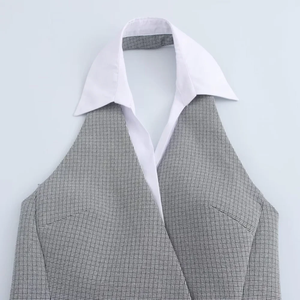 Women's Retro Backless Halter Neck Dress Textured Lapel Double-breasted Sleeveless Casual Pullover Dress Summer Chic Dress