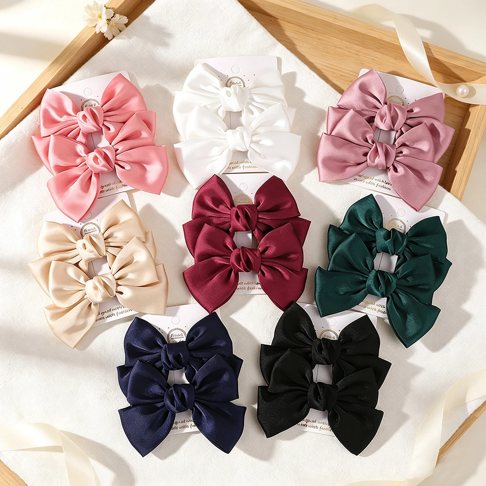 2PCS Matte Satin Large Bow Pair Hair Clips Solid Color Big Bow Barrettes Girls Wedding Birthday Party Daily Dress‑up Headdress