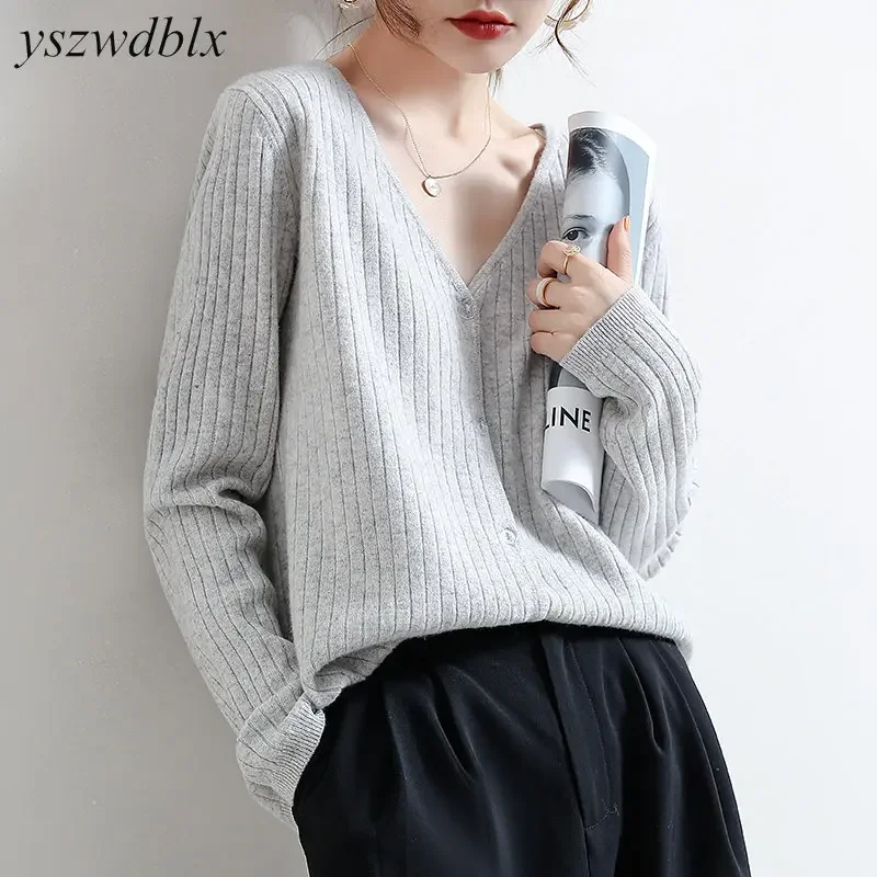 YSZWDBLX-cárdigans de punto con cuello en V para mujer, suéter de manga larga, moda coreana, cárdigan holgado, otoño e invierno, 2024